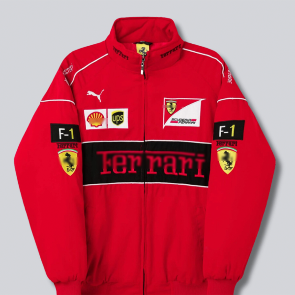 Ferrari F1 Scuderia Team Vintage Bomber Racing Jacket – Red Motorsport Zip-Up with Sponsor Logos (Shell, UPS, Puma)