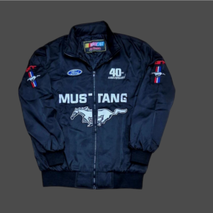 Mustang Shelby F1 Vintage Bomber Racing Jacket – Black– Motorsport Zip-Up with Sponsor Logo