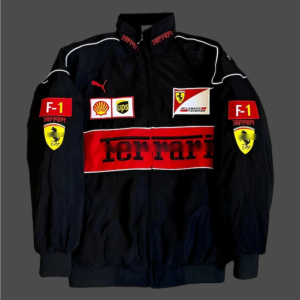 Ferrari F1 Scuderia Team Vintage Bomber Racing Jacket – Red Motorsport Zip-Up with Sponsor Logos (Shell, UPS, Puma)