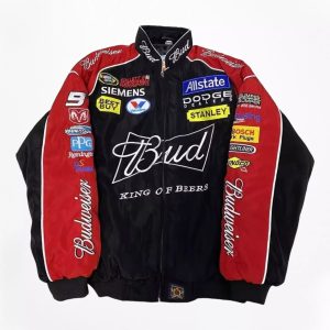 Budweiser Black F1 Retro Racing Jacket – Vintage Bomber Racing Jacket – BMW Motorsport Zip-Up with Sponsor Logos