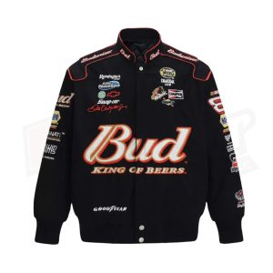 Budweiser Black F1 Retro Racing Jacket – Vintage Bomber Racing Jacket – BMW Motorsport Zip-Up with Sponsor Logos