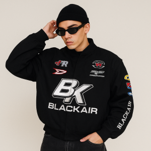 Blackair Racing Jacket – Premium Unisex Black Motorsport Jacket with Custom Embroidered Logos and Personalization Options, featuring bold ‘Blackair’ branding, vibrant sponsor patches, and a sleek design for racing enthusiasts, perfect for customizable apparel.