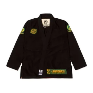 Shoyoroll BJJ Suit - Premium 2025 Black Martial Arts Uniform with Custom Embroidered Logos, featuring vibrant patches, made with durable Pearl Weave fabric, 450 GSM cotton, lightweight canvas pants, EVA foam collar, 3D digital sublimation printing, stretch panels, and breathable vents, ideal for Brazilian Jiu-Jitsu practitioners seeking performance and style.