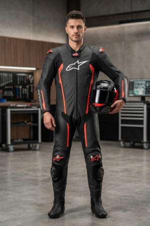 Professional custom motorcycle leather racing suit, one-piece biker riding gear with durable genuine leather construction, protective racing design and customizable colors, logos and details.