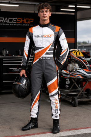 Custom 2026 kart racing suit, go-kart suit, motorsport racing overall, professional racing suit, karting apparel, racing driver suit, FIA style kart suit, sublimated racing suit, sponsor logo racing suit, lightweight karting suit, breathable racing overall, padded motorsport suit, custom racing overalls, premium kart racing gear, Monster Energy suit, McLaren racing suit, Audi Sport suit, black racing suit, orange racing suit, racing jumpsuit, kart driver apparel