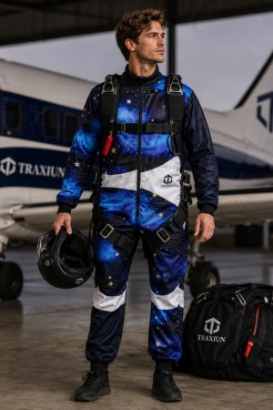 Custom skydiving suit for professional skydivers, freefly training, wind tunnel flying, and parachuting. Durable technical fabric, reinforced stitching, flexible fit, aerodynamic design, and customizable colors, logos, and sizing. Ideal for skydiving teams, freefall practice, tunnel training, and extreme sports apparel.