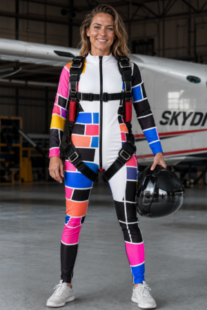 Custom skydiving suit for professional skydivers, freefly training, wind tunnel flying, and parachuting. Durable technical fabric, reinforced stitching, flexible fit, aerodynamic design, and customizable colors, logos, and sizing. Ideal for skydiving teams, freefall practice, tunnel training, and extreme sports apparel.