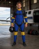 Custom skydiving suit for professional skydivers, freefly training, wind tunnel flying, and parachuting. Durable technical fabric, reinforced stitching, flexible fit, aerodynamic design, and customizable colors, logos, and sizing. Ideal for skydiving teams, freefall practice, tunnel training, and extreme sports apparel.