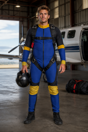 Custom skydiving suit for professional skydivers, freefly training, wind tunnel flying, and parachuting. Durable technical fabric, reinforced stitching, flexible fit, aerodynamic design, and customizable colors, logos, and sizing. Ideal for skydiving teams, freefall practice, tunnel training, and extreme sports apparel.